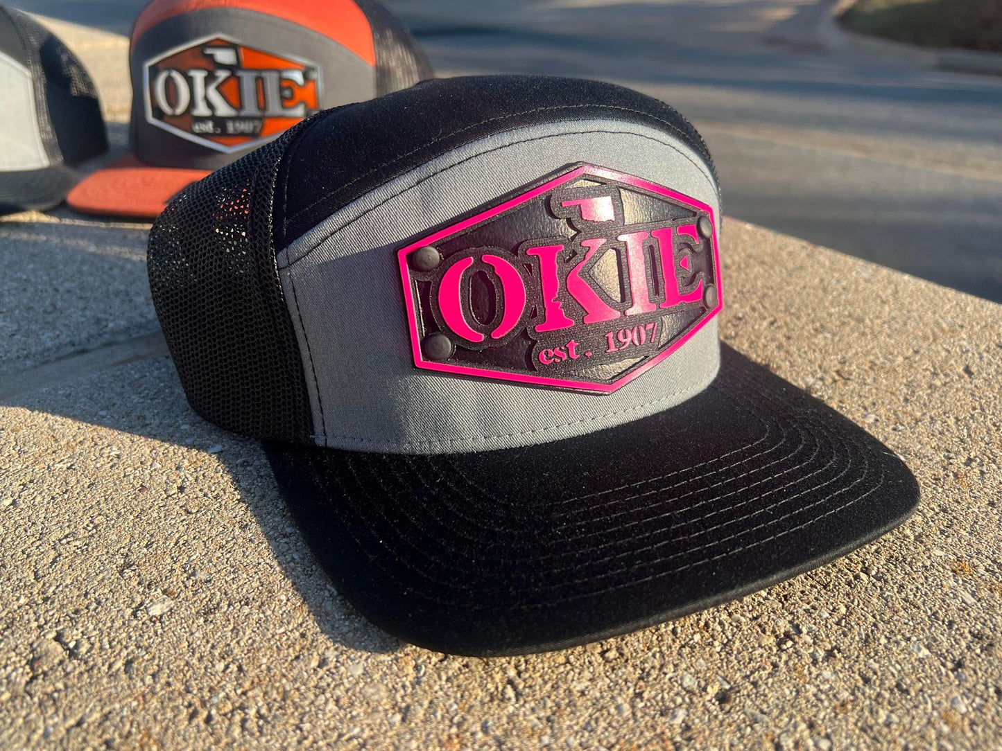 Vintage Style Patch Okie Est 1907 Leather Oklahoma Mesh Trucker Flatbill Hat - Handmade in USA - Outdoor Headwear - 7 Design Variations