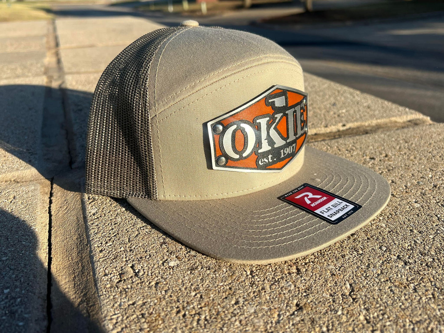 Vintage Style Patch Okie Est 1907 Leather Oklahoma Mesh Trucker Flatbill Hat - Handmade in USA - Outdoor Headwear - 7 Design Variations