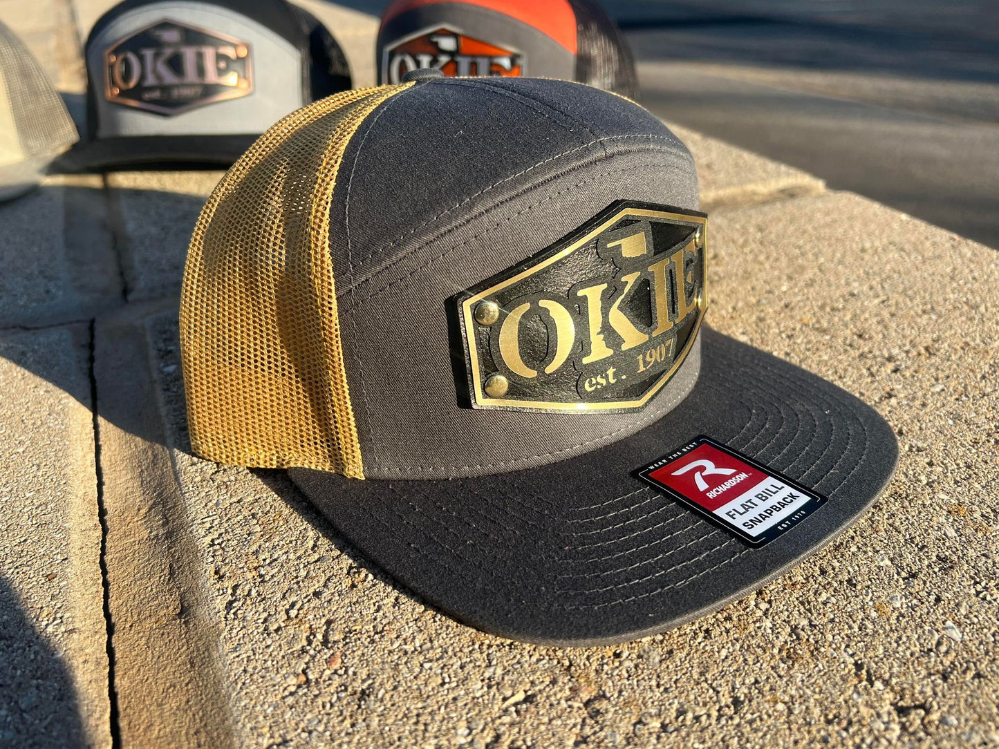 Vintage Style Patch Okie Est 1907 Leather Oklahoma Mesh Trucker Flatbill Hat - Handmade in USA - Outdoor Headwear - 7 Design Variations