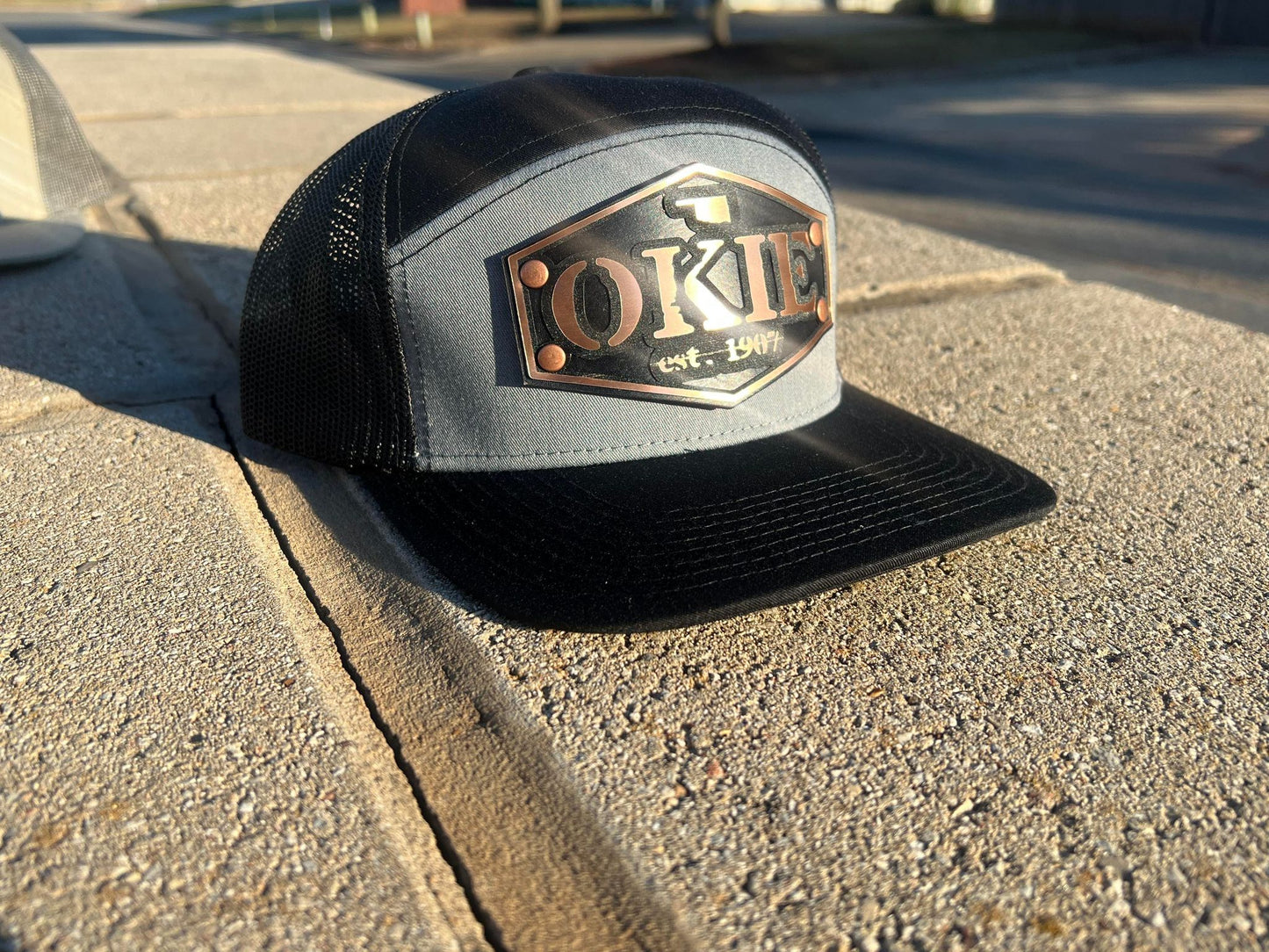 Vintage Style Patch Okie Est 1907 Leather Oklahoma Mesh Trucker Flatbill Hat - Handmade in USA - Outdoor Headwear - 7 Design Variations