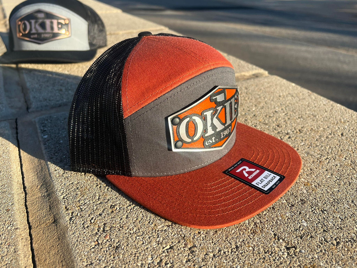 Vintage Style Patch Okie Est 1907 Leather Oklahoma Mesh Trucker Flatbill Hat - Handmade in USA - Outdoor Headwear - 7 Design Variations