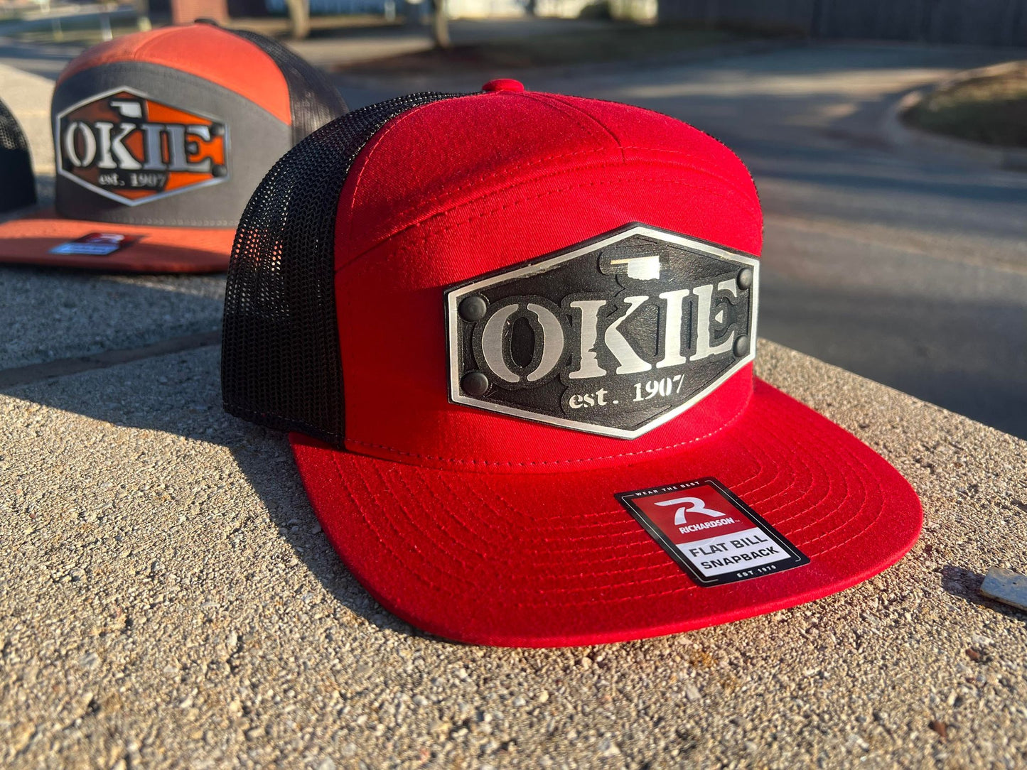 Vintage Style Patch Okie Est 1907 Leather Oklahoma Mesh Trucker Flatbill Hat - Handmade in USA - Outdoor Headwear - 7 Design Variations