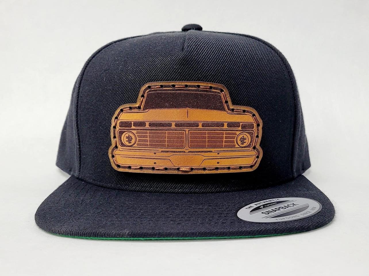Hand-Sewn Leather Patch Snapback Hat - FORD F100 Design by Oklahoma Customs - Flat Bill, Wool Blend - Perfect Gift for Car Enthusiasts