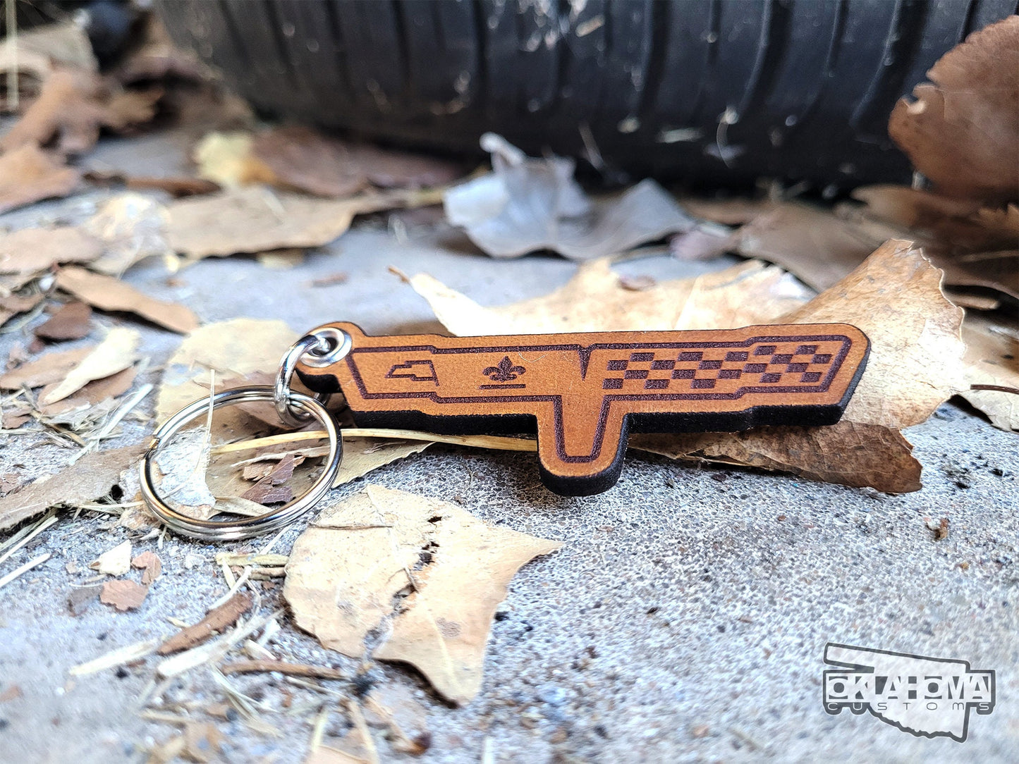 1981 Corvette Emblem Leather Keychain | Handmade in USA | Wheat Dye | Oklahoma Customs