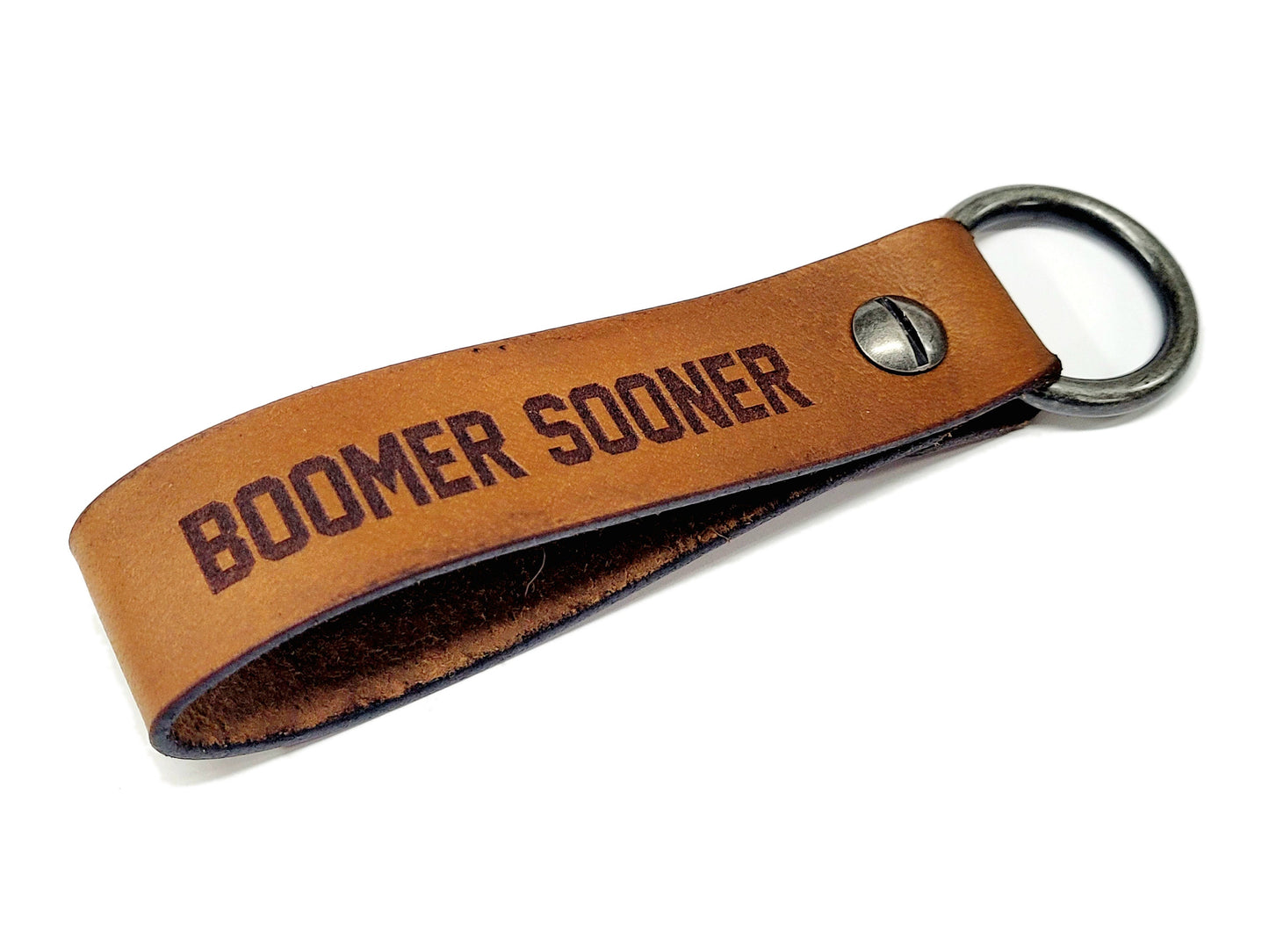 Oklahoma Sooners Boomer Sooner Leather Keychain | Handmade | Veg Tan Leather | Antique Nickel O Ring