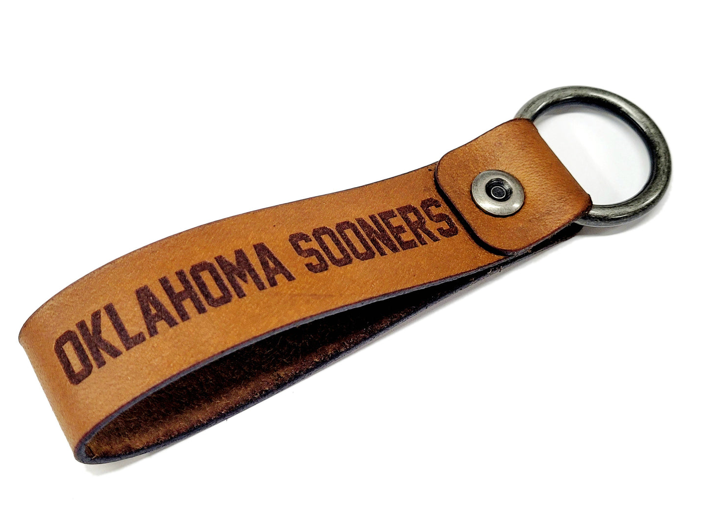 Oklahoma Sooners Boomer Sooner Leather Keychain | Handmade | Veg Tan Leather | Antique Nickel O Ring