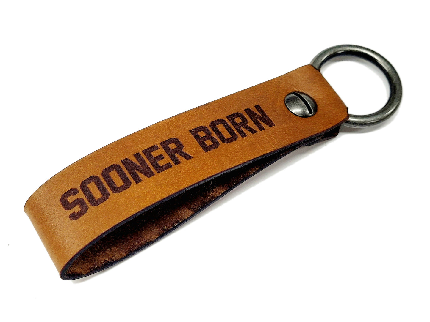 Oklahoma Sooners Leather Keychain | Sooner Born Sooner Bred | Handmade Veg Tan Leather | Antique Nickel O-Ring