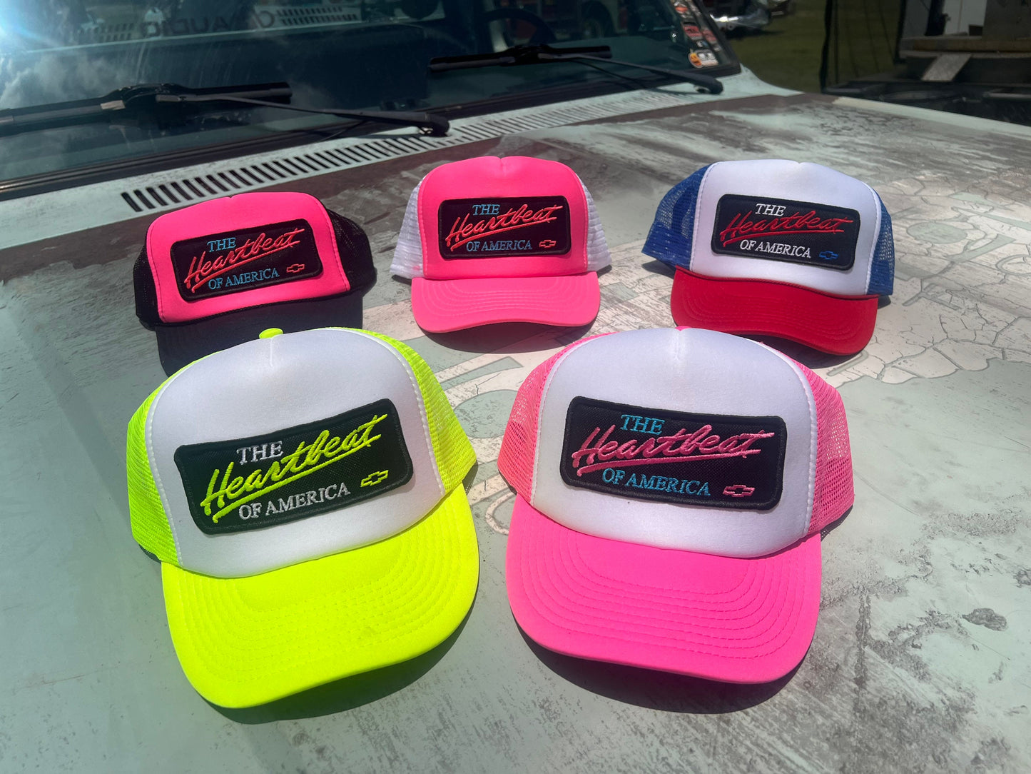 Vintage Chevy Heartbeat of America Neon Snapback Trucker Hat - Foam Mesh Cap with Vibrant Colors - Perfect Gift for Chevy Fans