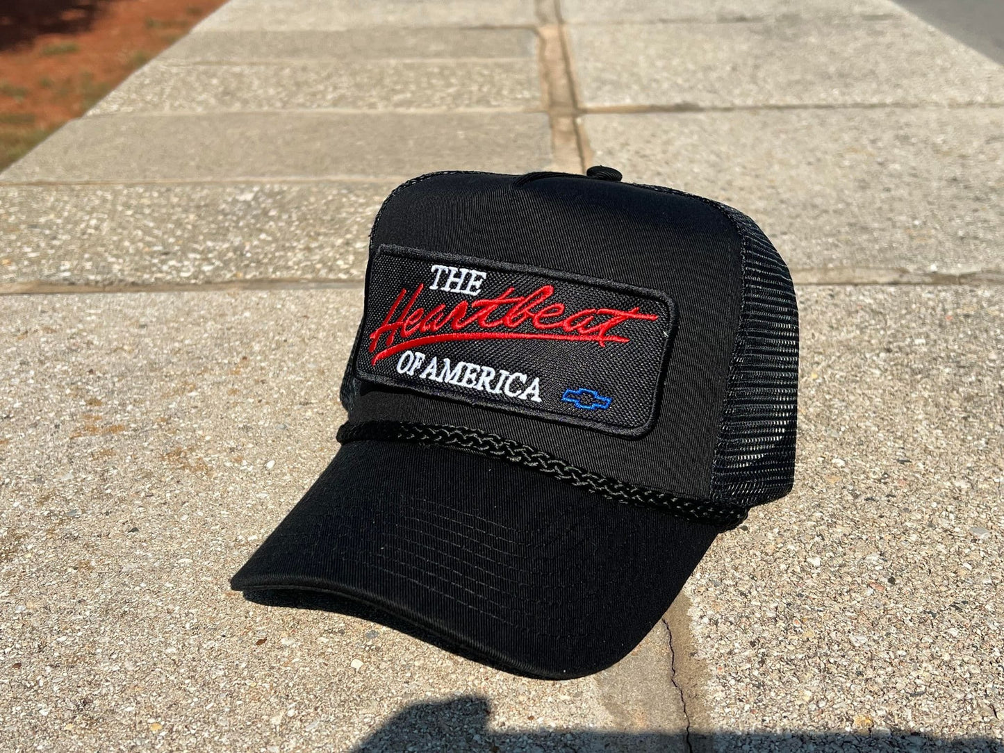 Vintage Chevrolet Heartbeat of America Rope Snapback Trucker Mesh Hat with Chevy Patch - Classic Chevy Truck Apparel for Men and Women