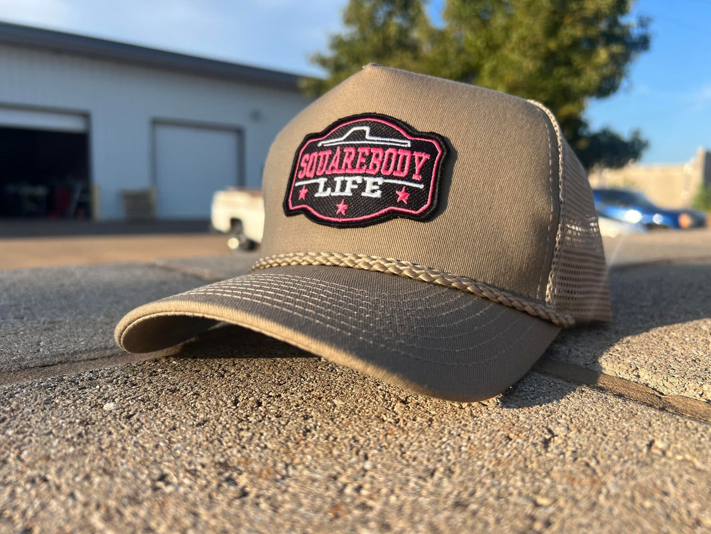Vintage GM Squarebody Rope Snapback Khaki Trucker Mesh Hat with Patch - Classic Chevy GM GMC Truck Apparel for Men and Women