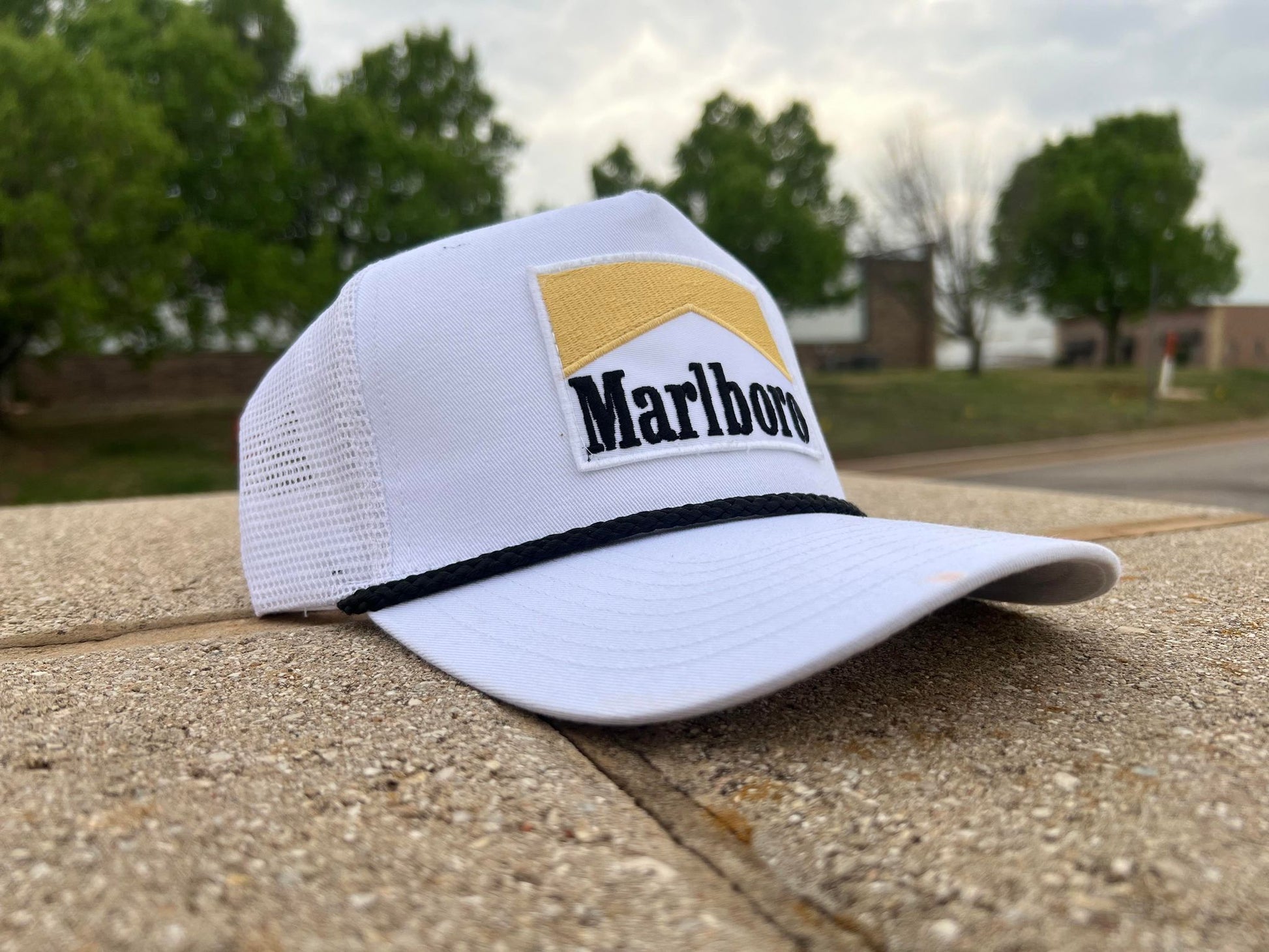 a marlboro hat sitting on top of a roof