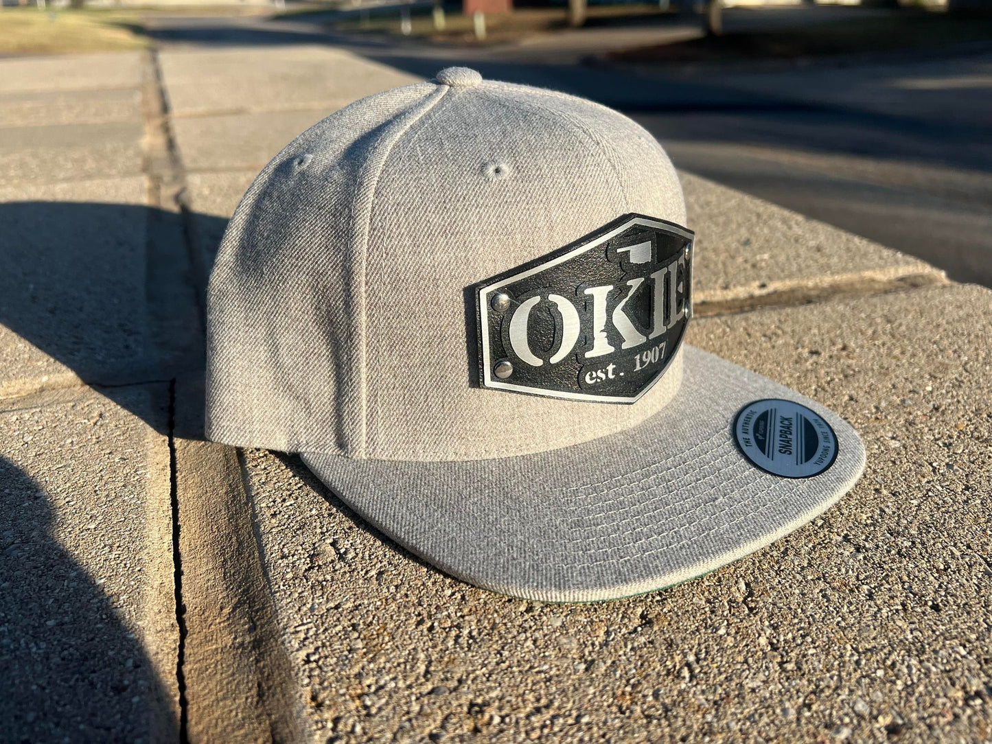 Vintage Style Patch Okie Est 1907 Leather Oklahoma Mesh Trucker Flatbill Hat - Handmade in USA - Outdoor Headwear - 7 Design Variations