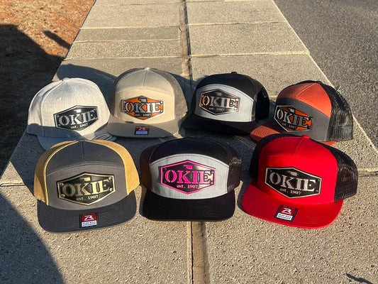 Vintage Style Patch Okie Est 1907 Leather Oklahoma Mesh Trucker Flatbill Hat - Handmade in USA - Outdoor Headwear - 7 Design Variations