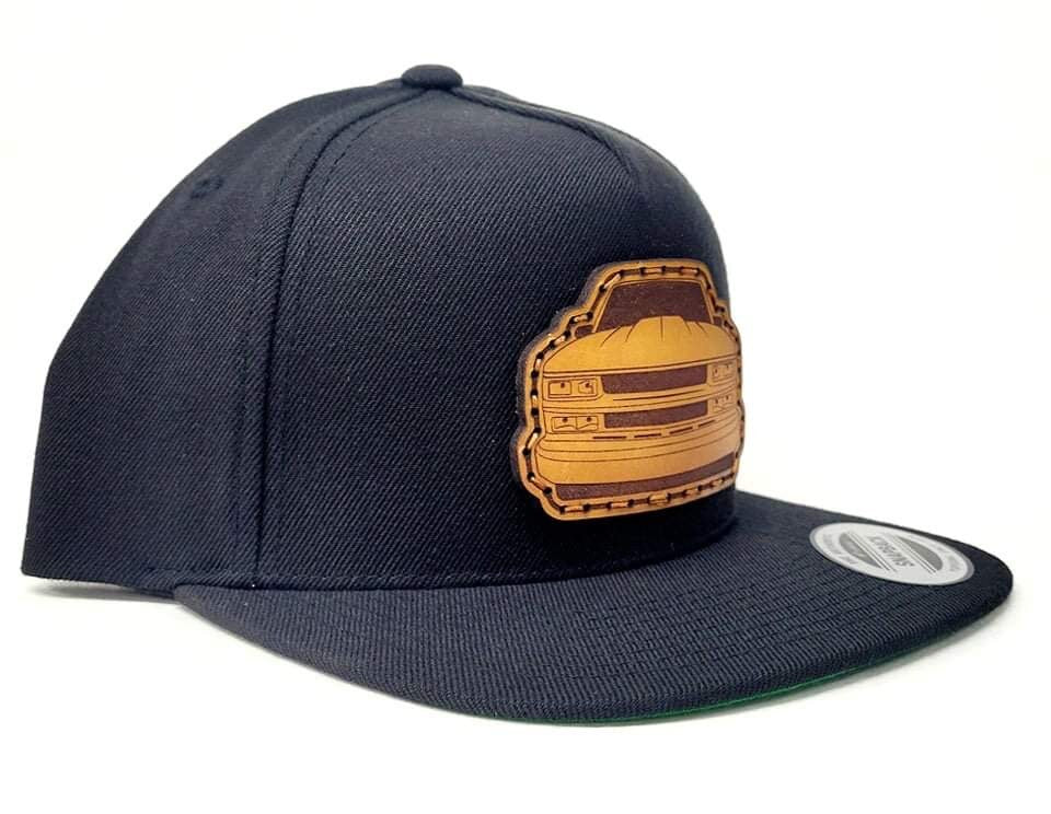 Hand-Sewn Leather Chevy OBS Snapback Flat Bill Hat - Oklahoma Customs Designed - Authentic Chevy Patch - Wool Blend Hat