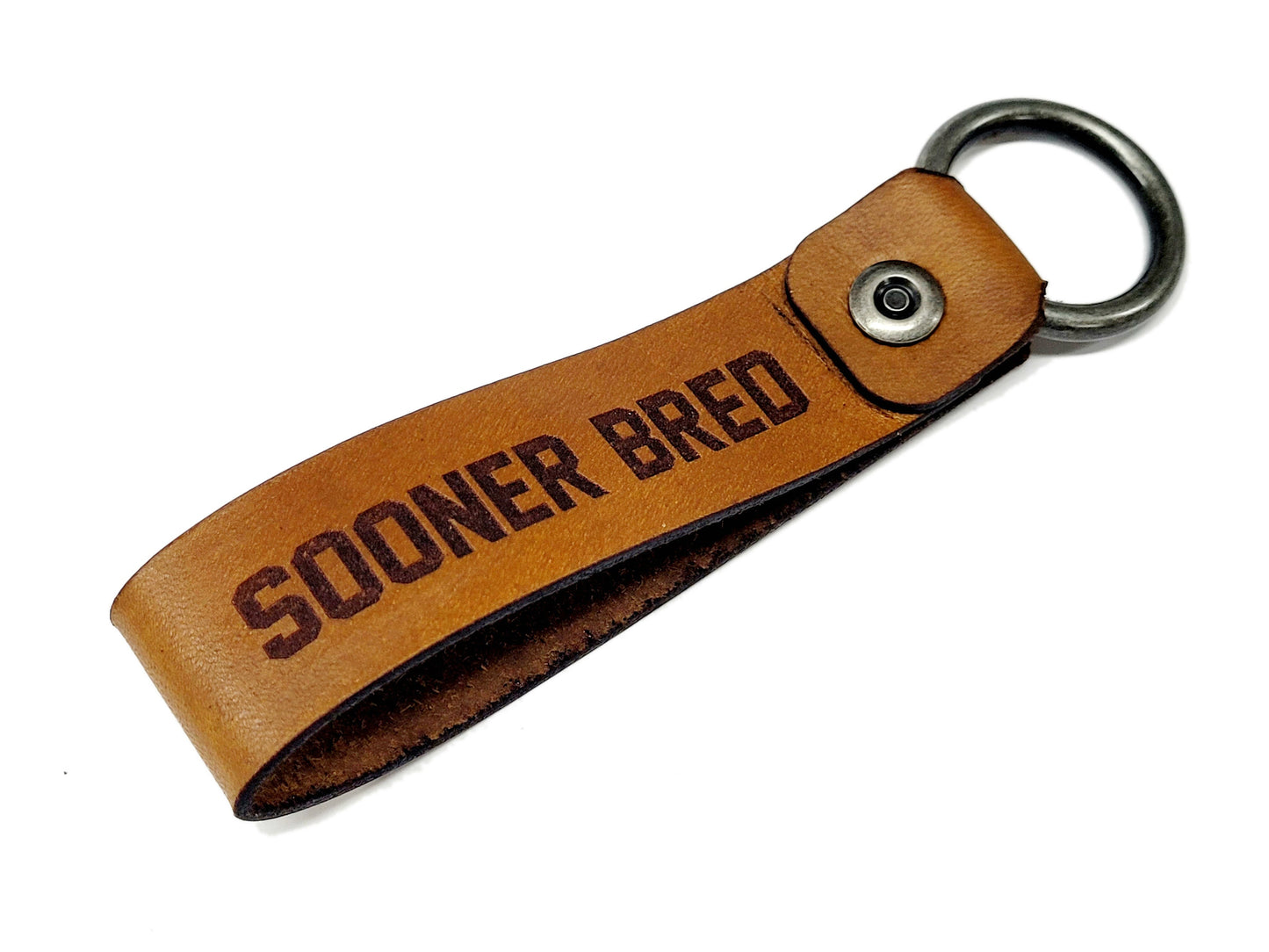 Oklahoma Sooners Leather Keychain | Sooner Born Sooner Bred | Handmade Veg Tan Leather | Antique Nickel O-Ring