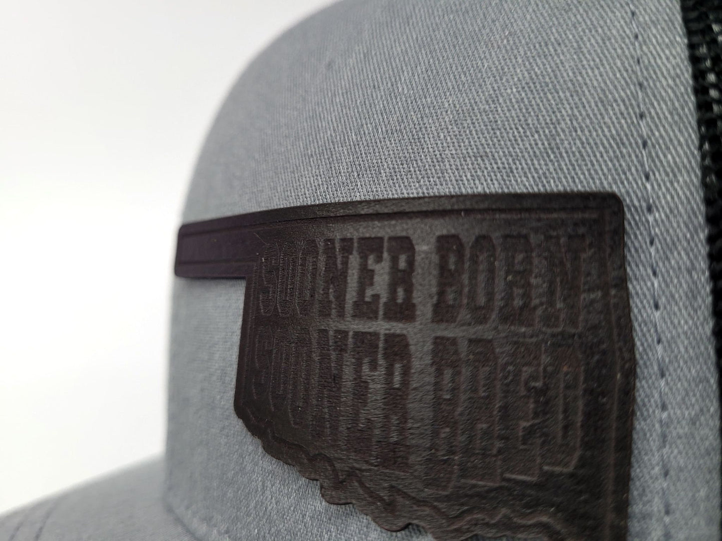 Black Leather Patch Sooner Born Sooner Bred Oklahoma Trucker Hat | Oklahoma Customs Original | Wheat Dyed | Handmade in USA