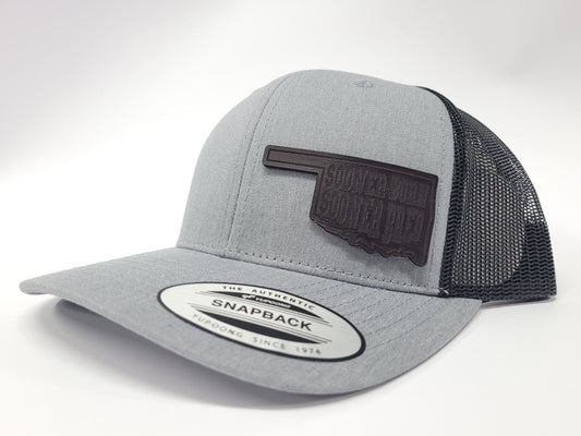 Black Leather Patch Sooner Born Sooner Bred Oklahoma Trucker Hat | Oklahoma Customs Original | Wheat Dyed | Handmade in USA