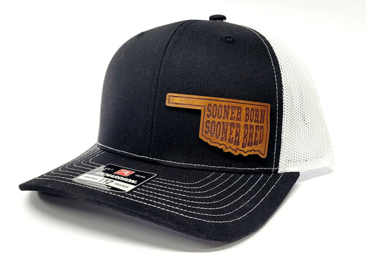 Natural Leather Patch Sooner Born Sooner Bred Oklahoma Trucker Hat | Handmade in Oklahoma City USA | Mesh Black Snapback Cap