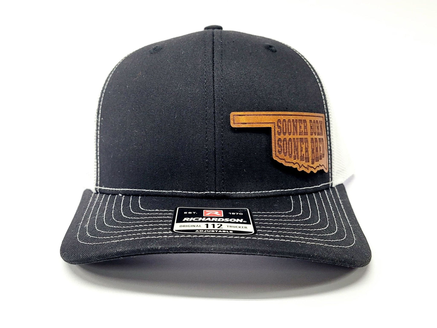 Natural Leather Patch Sooner Born Sooner Bred Oklahoma Trucker Hat | Handmade in Oklahoma City USA | Mesh Black Snapback Cap