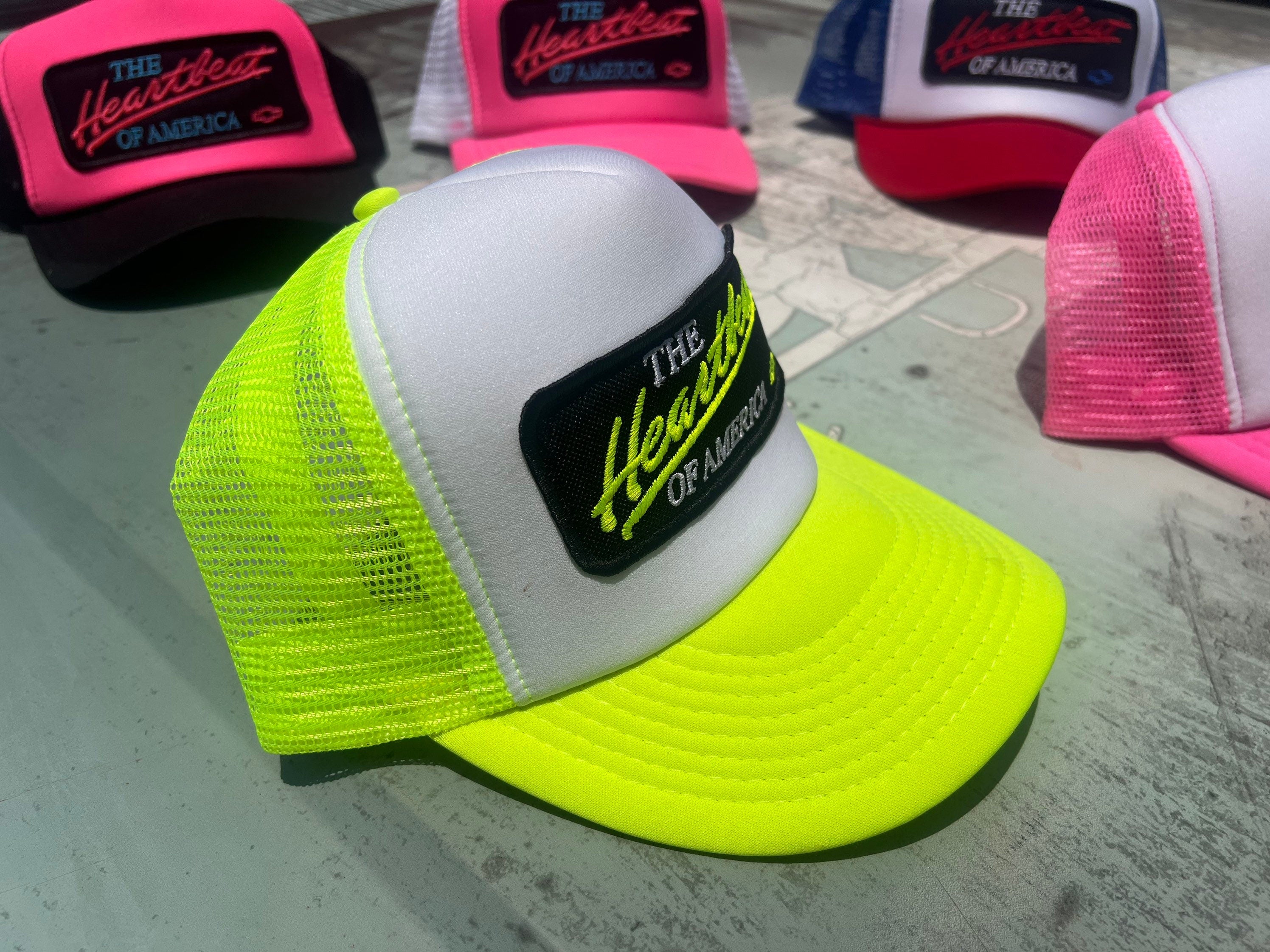 Vintage Chevy Heartbeat of America Neon Snapback Trucker Hat - Foam Mesh  Cap with Vibrant Colors - Perfect Gift for Chevy Fans