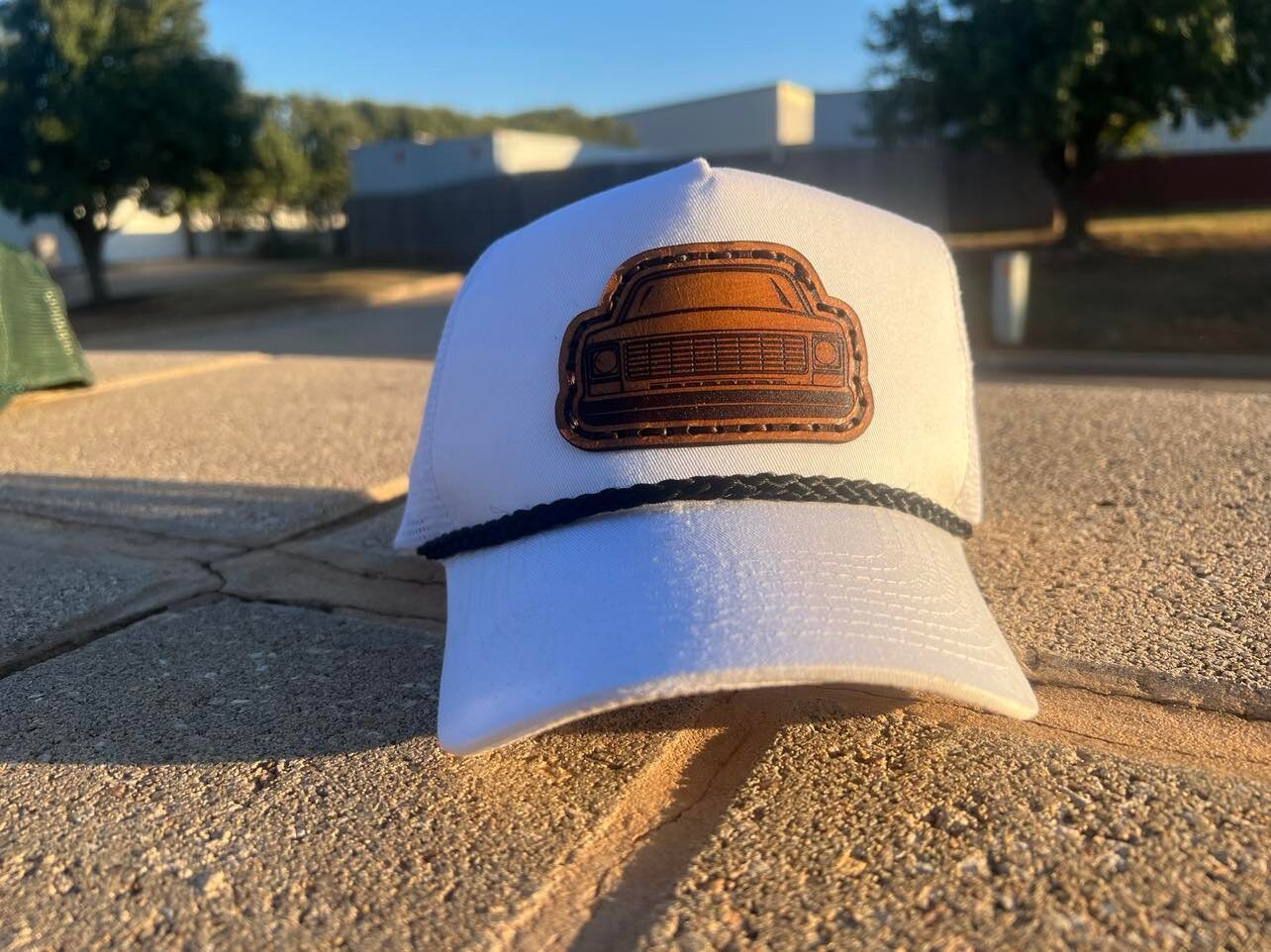 Vintage Leather SQUAREBODY Snapback Hat with Rope and Engraved Patch | Chevy GMC Truck | Multiple Colors