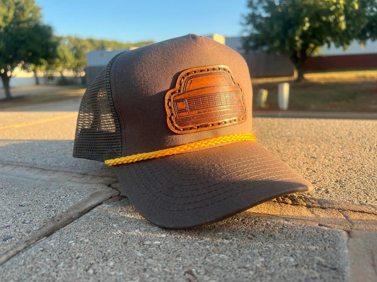 Vintage Leather SQUAREBODY Snapback Hat with Rope and Engraved Patch | Chevy GMC Truck | Multiple Colors