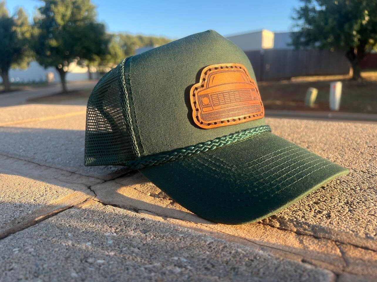 Vintage Leather SQUAREBODY Snapback Hat with Rope and Engraved Patch | Chevy GMC Truck | Multiple Colors