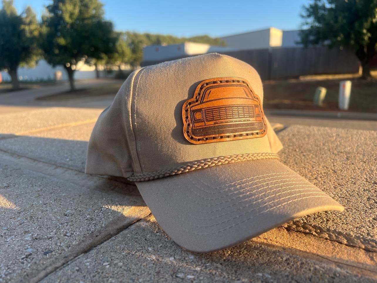 Vintage Leather SQUAREBODY Snapback Hat with Rope and Engraved Patch | Chevy GMC Truck | Multiple Colors