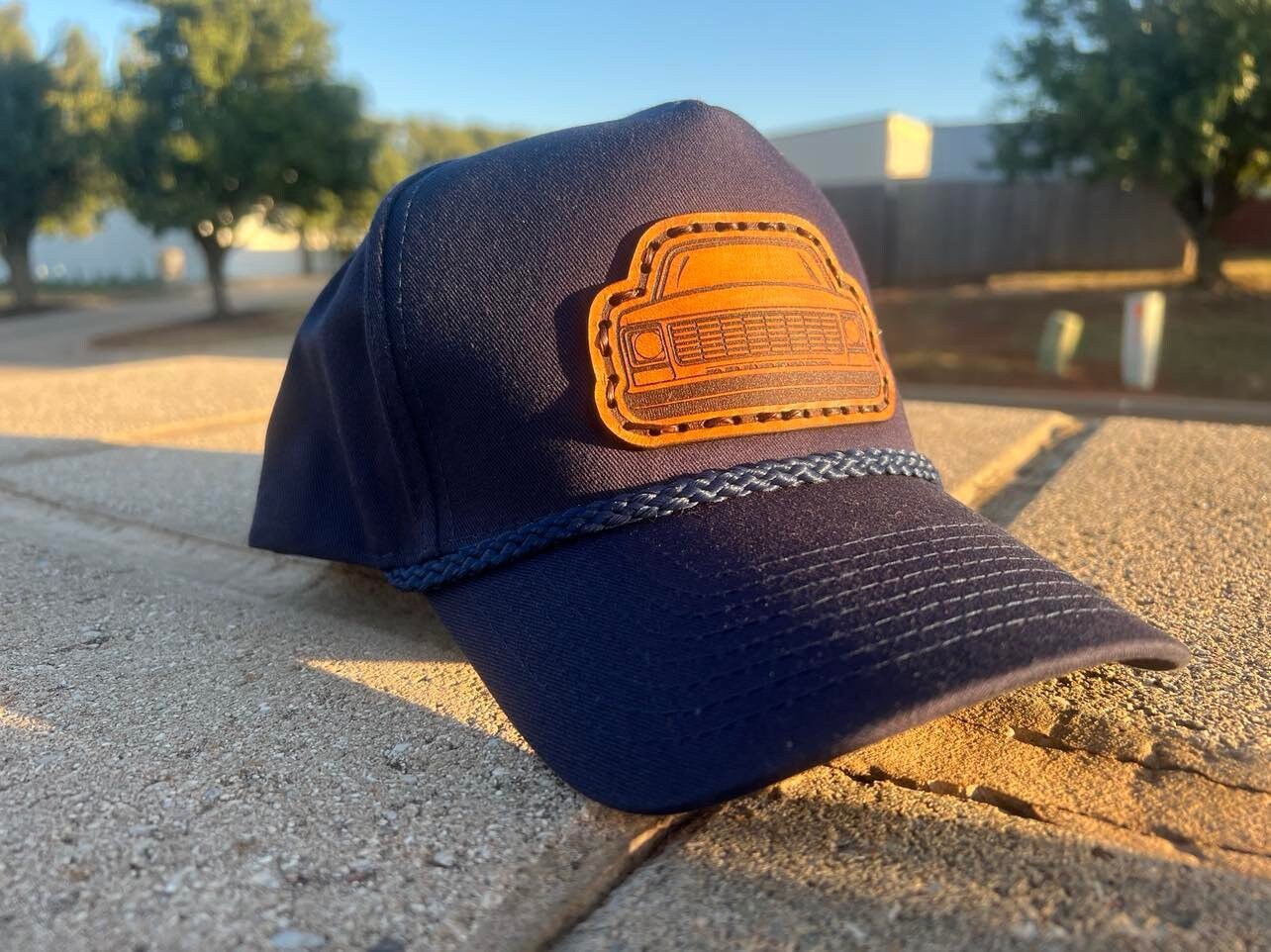 Vintage Leather SQUAREBODY Snapback Hat with Rope and Engraved Patch | Chevy GMC Truck | Multiple Colors