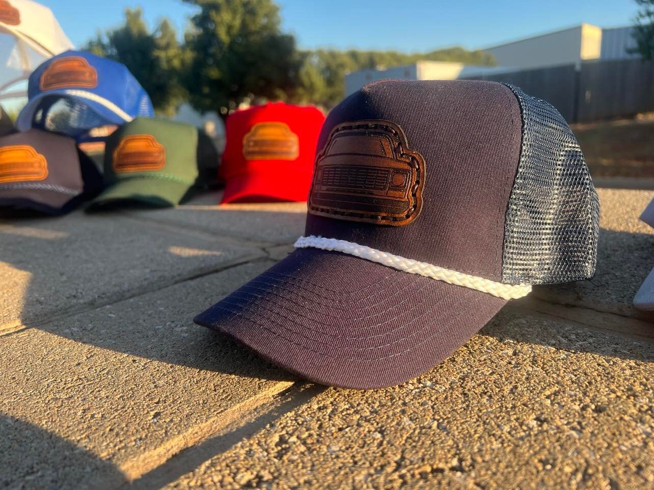 Vintage Leather SQUAREBODY Snapback Hat with Rope and Engraved Patch | Chevy GMC Truck | Multiple Colors