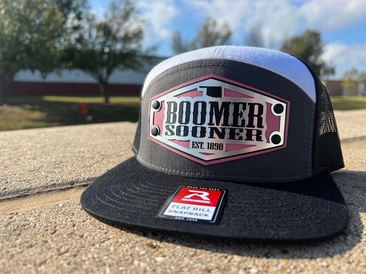 BOOMER SOONER Oklahoma Trucker Flatbill Hat - Leather Patch, Laser Engraved Emblem - Vintage Style - Perfect for Sports Fans!