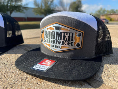 BOOMER SOONER Oklahoma Trucker Flatbill Hat - Leather Patch, Laser Engraved Emblem - Vintage Style - Perfect for Sports Fans!