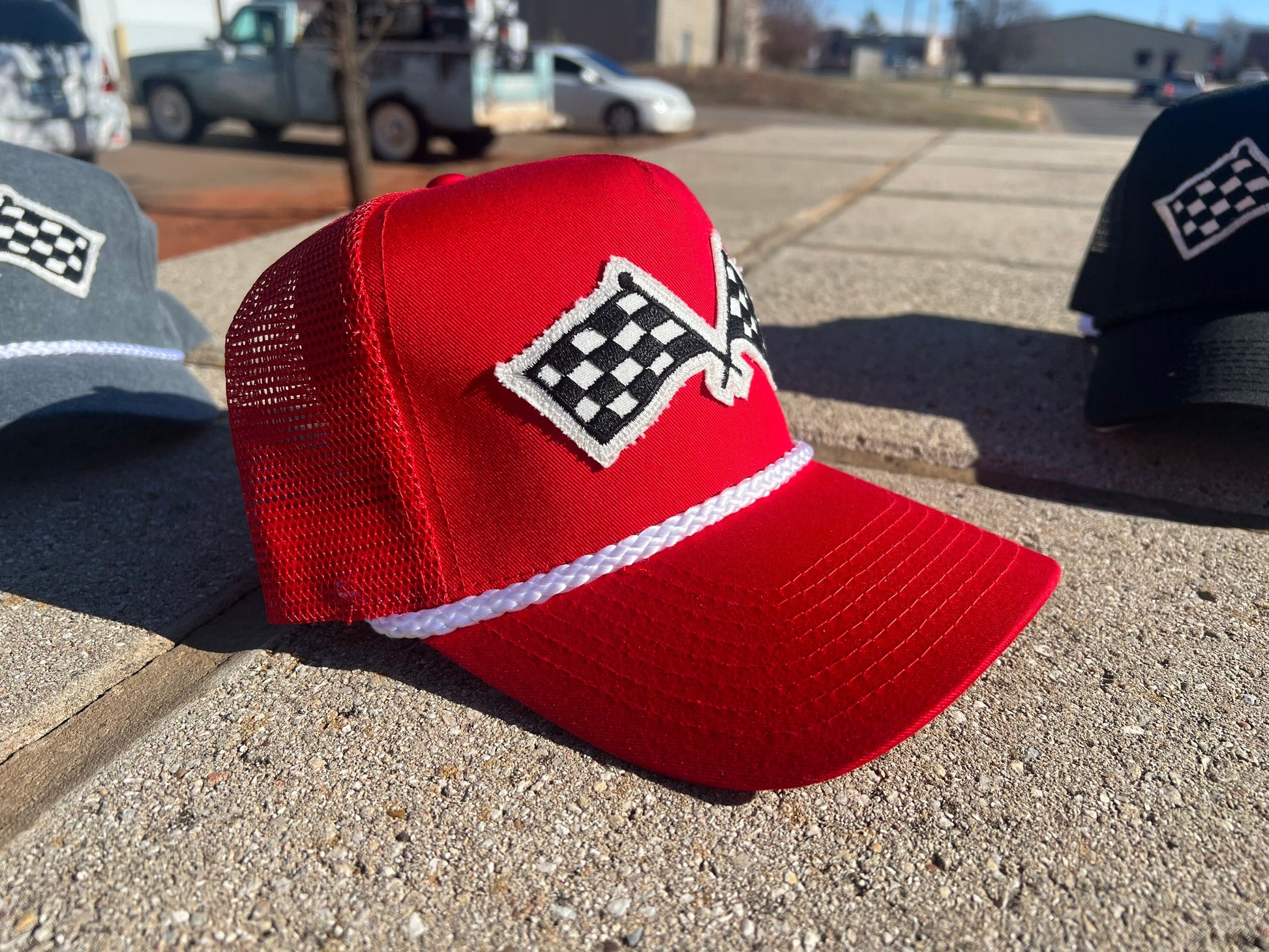 Vintage Patch Racing Checkered Flag Rope Trucker Snapback Hat Color Variations Perfect for Racing Enthusiasts and Car Fans Unique Design