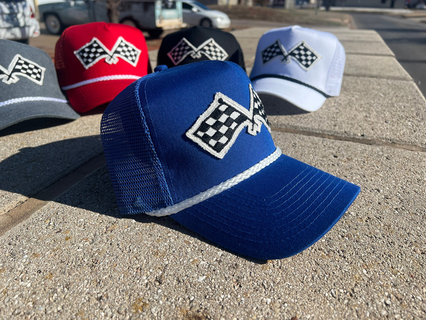 Vintage Patch Racing Checkered Flag Rope Trucker Snapback Hat 7 Color Variations - Perfect for Racing Enthusiasts and Car Fans Unique Design