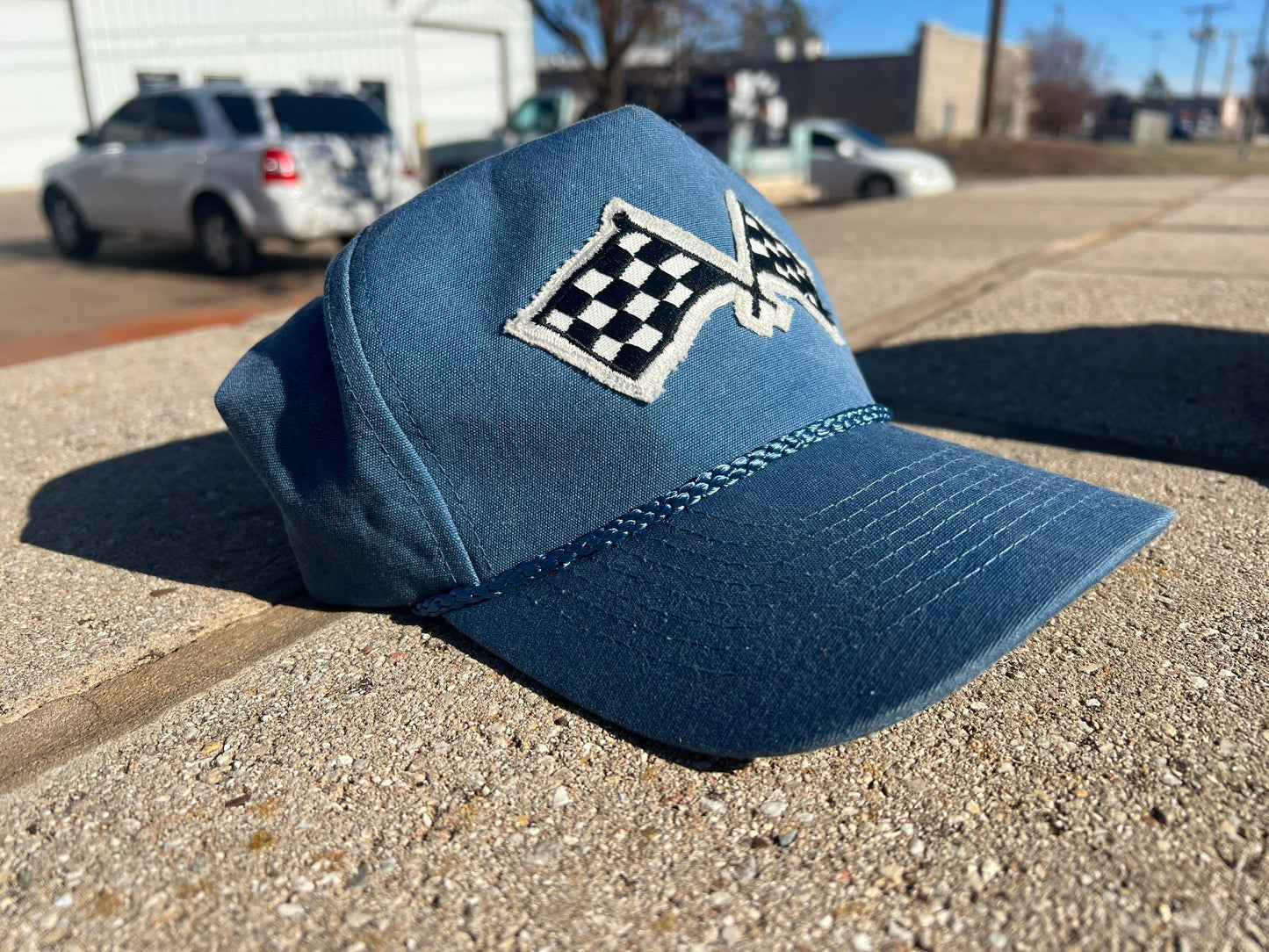 Vintage Patch Racing Checkered Flag Rope Trucker Snapback Hat 7 Color Variations - Perfect for Racing Enthusiasts and Car Fans Unique Design