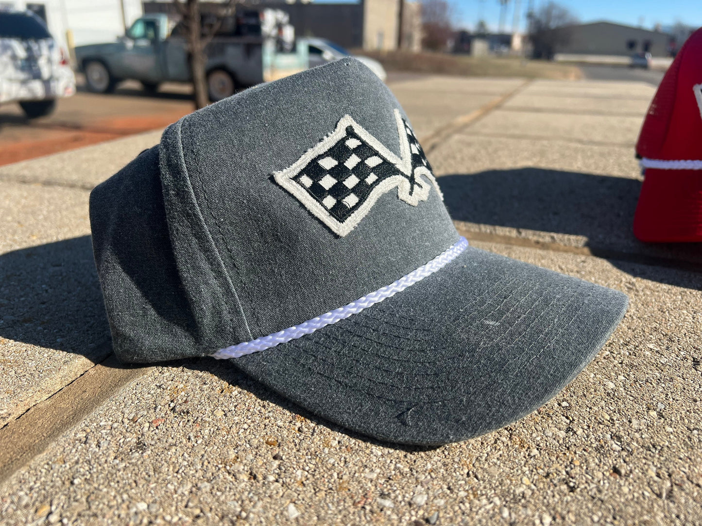 Vintage Patch Racing Checkered Flag Rope Trucker Snapback Hat 7 Color Variations - Perfect for Racing Enthusiasts and Car Fans Unique Design