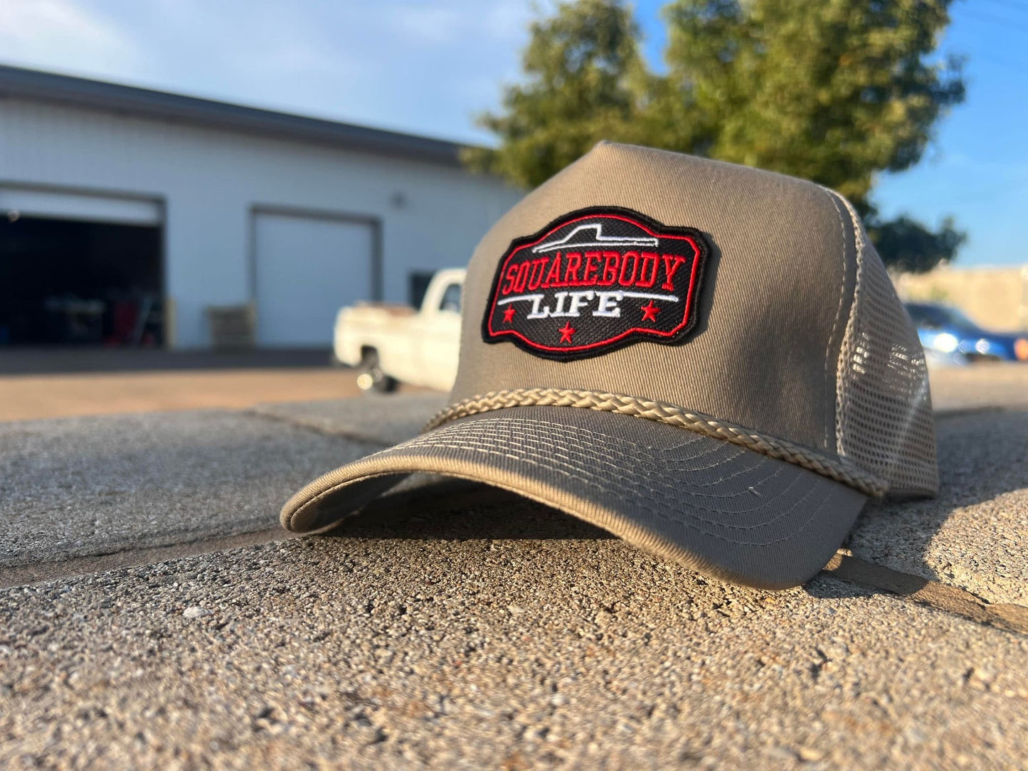 Vintage GM Squarebody Rope Snapback Khaki Trucker Mesh Hat with Patch - Classic Chevy GM GMC Truck Apparel for Men and Women