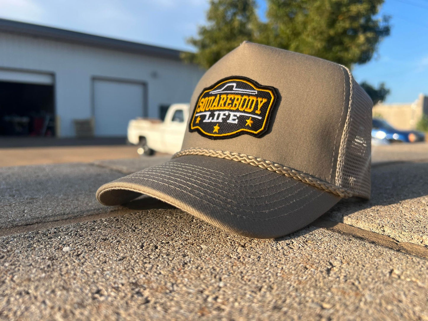 Vintage GM Squarebody Rope Snapback Khaki Trucker Mesh Hat with Patch - Classic Chevy GM GMC Truck Apparel for Men and Women